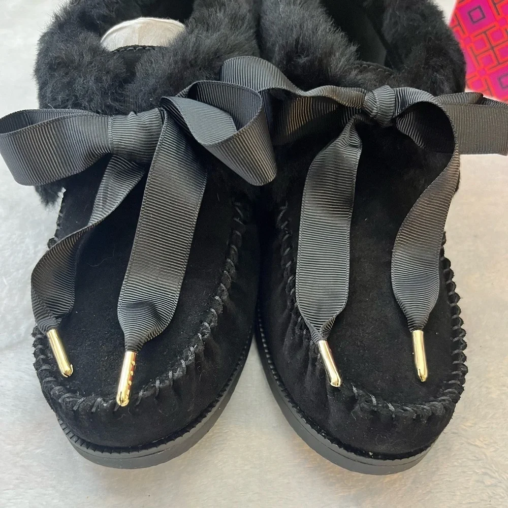 Tory Burch Aberdeen Shearling Slippers Black Suede Bow NIB Size 8